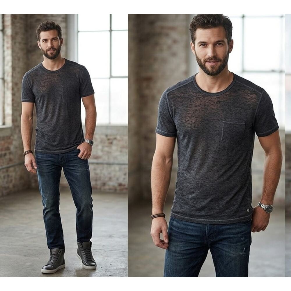John Varvatos Star USA Burnout Pocket Tee Charcoal Gray Rocker Grunge Summer L